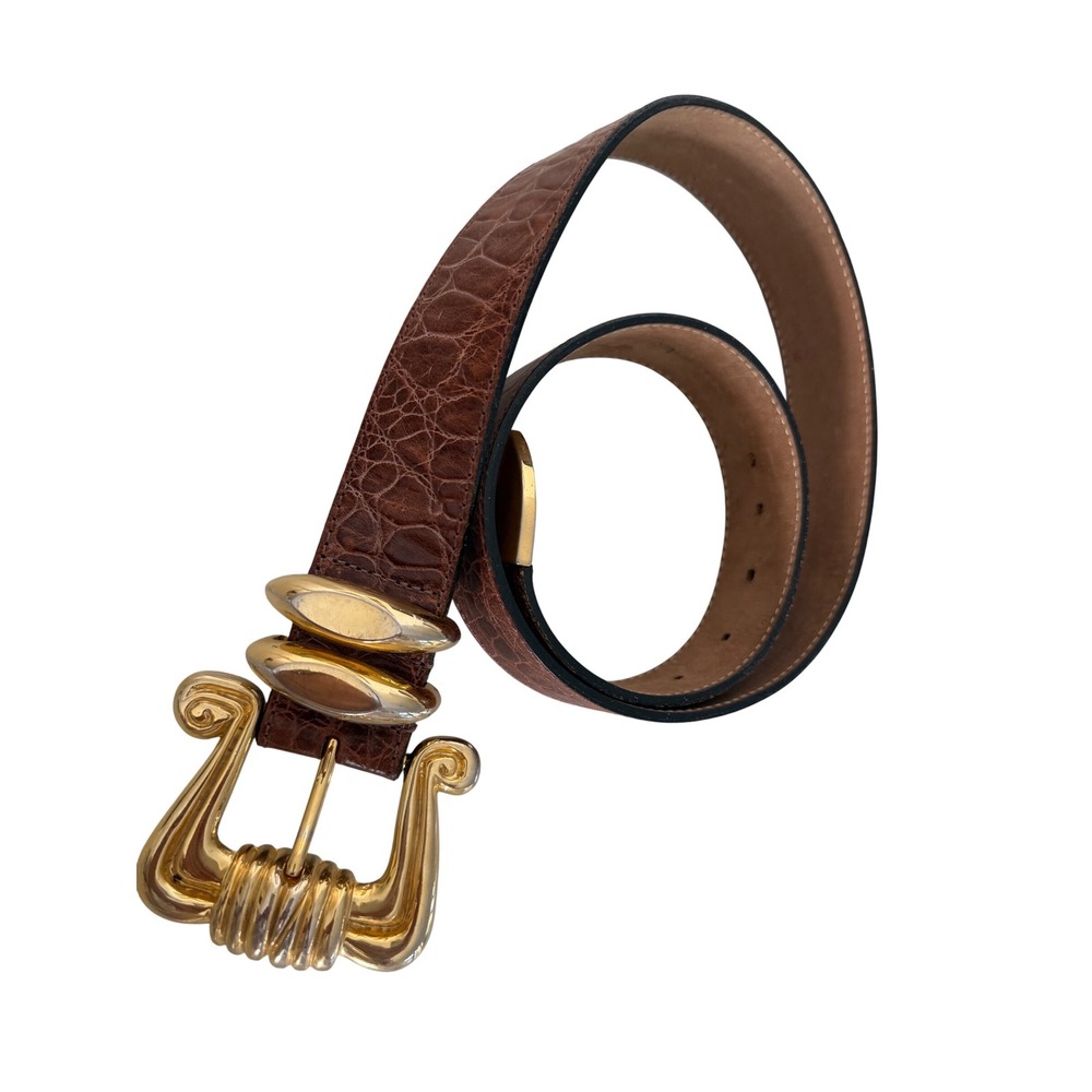 Streets Ahead Brown Croc-Embossed Leather Belt with Gold Sculptural Buckle